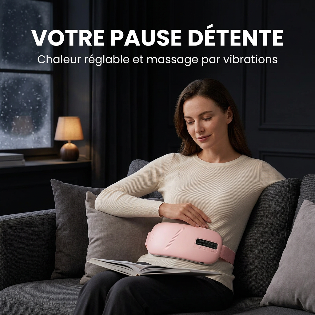 Ceinture chauffante et massante portée pendant une pause détente