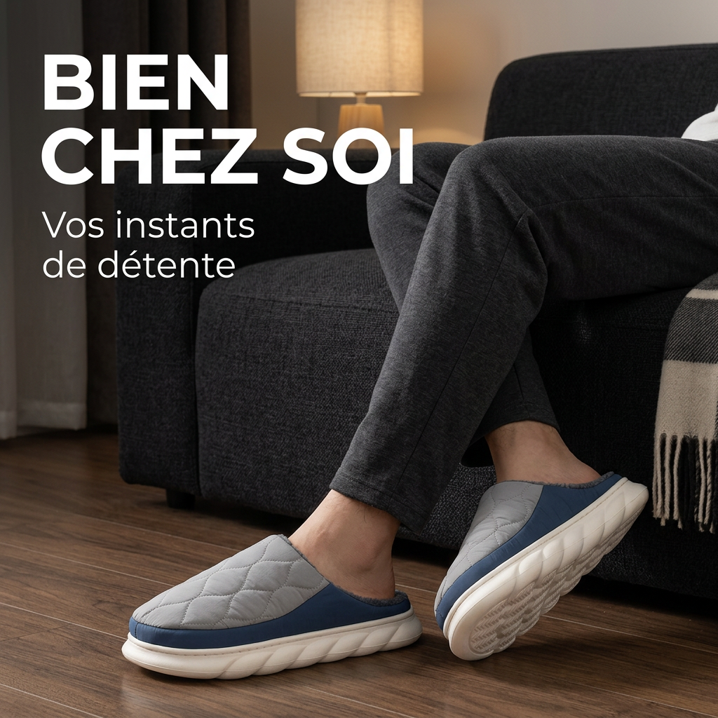 Chaussons gris et bleu marine portés à la maison